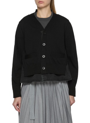 Main View - Click To Enlarge - SACAI - Hybrid Knit Dark Wash Denim Cardigan
