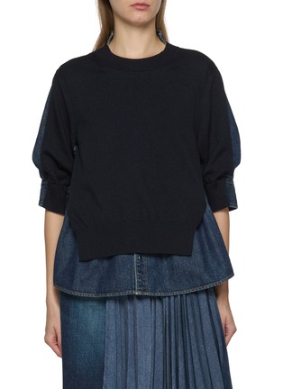 Main View - Click To Enlarge - SACAI - Hybrid Half Sleeve Dark Wash Denim Top
