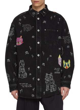 Main View - Click To Enlarge - LOEWE - X Louis Wain Dark Wash Cat Print Cotton Denim Overshirt