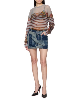 Figure View - Click To Enlarge - JEAN PAUL GAULTIER - Oversized Long Sleeve Marinière Grape Print Mesh Top