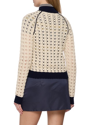 Back View - Click To Enlarge - MIU MIU - Long Sleeve Zip Up Crochet Cotton Knit Cardigan