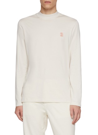 Main View - Click To Enlarge - BRUNELLO CUCINELLI - Long Sleeve Logo Print Turtleneck Cotton Jersey Top