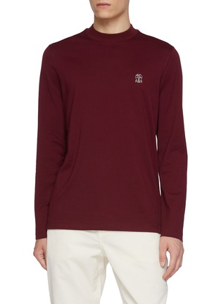 Main View - Click To Enlarge - BRUNELLO CUCINELLI - Long Sleeve Logo Print Turtleneck Cotton Jersey Top