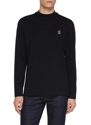 Main View - Click To Enlarge - BRUNELLO CUCINELLI - Long Sleeve Logo Print Turtleneck Cotton Jersey Top
