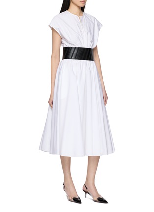 Front View - Click To Enlarge - ALAÏA - Capsleeve Round Neck Belted Cotton Poplin Dress
