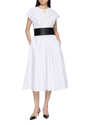 Figure View - Click To Enlarge - ALAÏA - Capsleeve Round Neck Belted Cotton Poplin Dress
