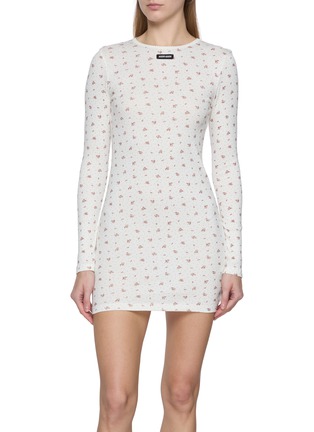 Main View - Click To Enlarge - MIU MIU - Long Sleeve Floral Ribbed Cotton Jersey Dress