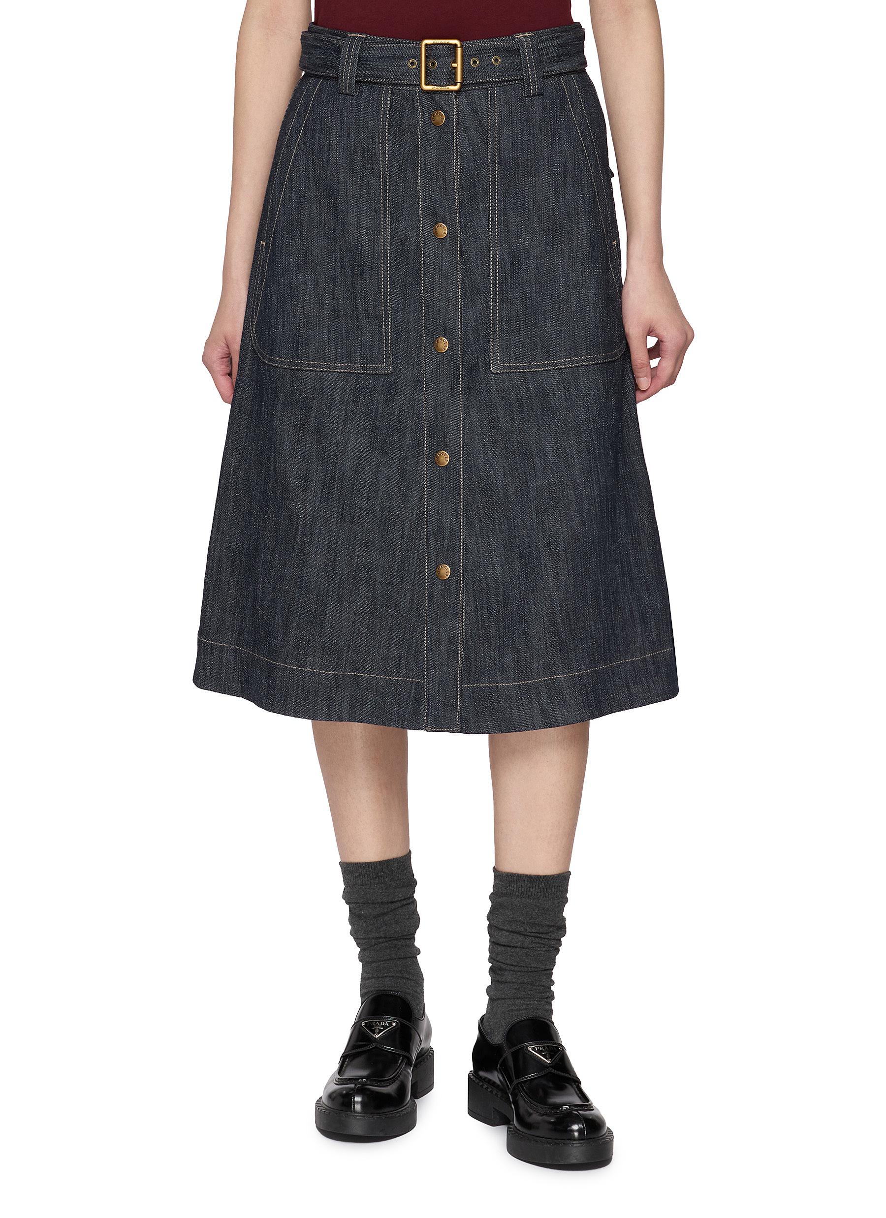 MONCLER | Belted Cotton Blend Denim Skirt | Women | Lane Crawford