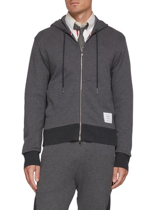 Main View - Click To Enlarge - THOM BROWNE - Colour Block 4-Bar Cotton Jersey Zip Up Hoodie