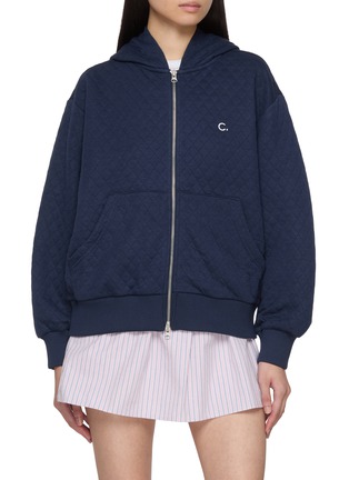 Main View - Click To Enlarge - CLOVE - Logo Embroidered Quilted Zip Up Hoodie