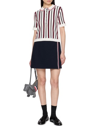 Figure View - Click To Enlarge - THOM BROWNE - Crochet Stitch Variegated Striped Cotton Polo Shirt