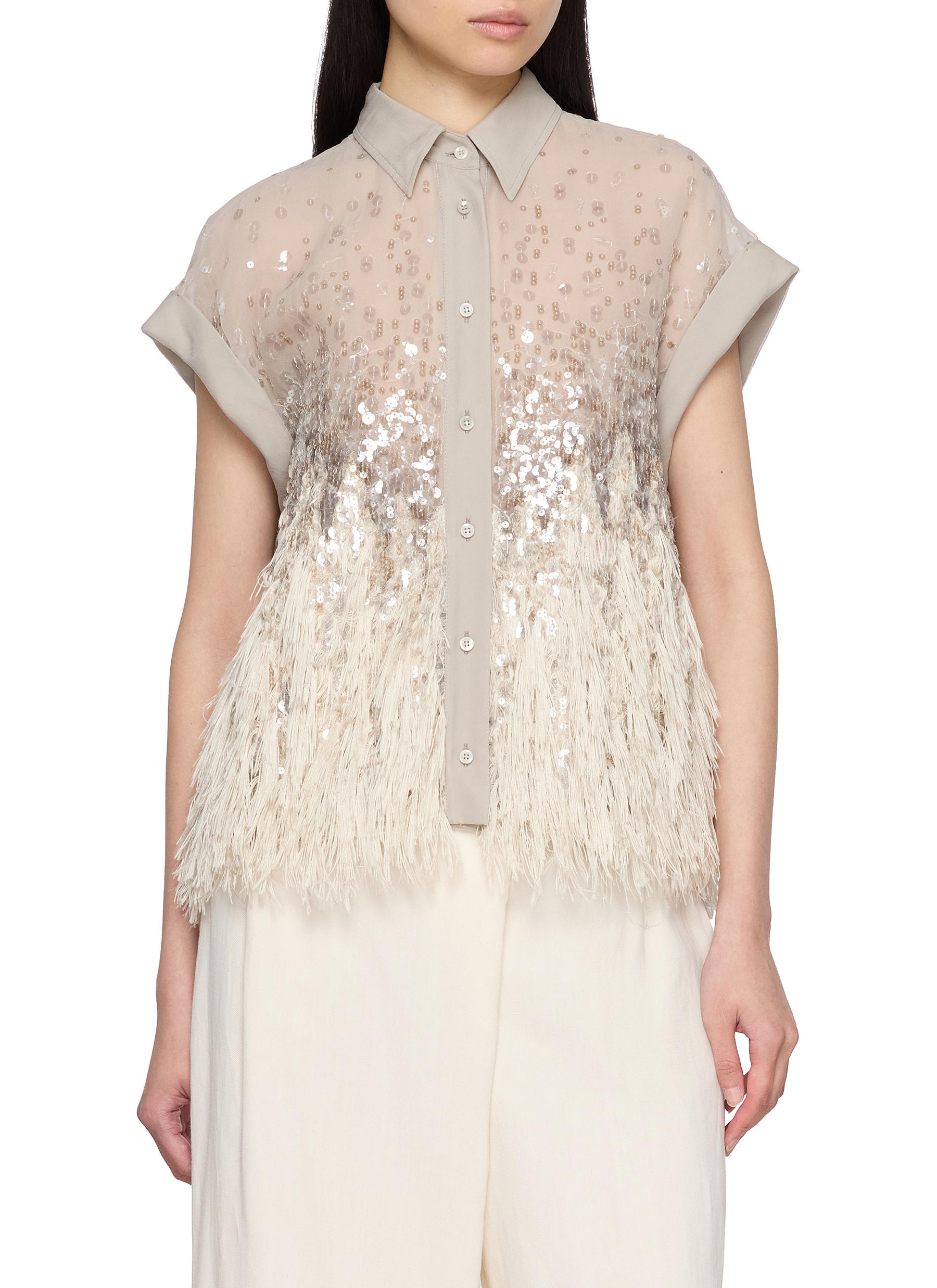 BRUNELLO CUCINELLI | Cap Sleeve Embellished Silk Chiffon Shirt