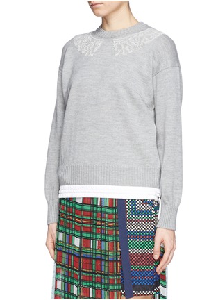 Front View - Click To Enlarge - SACAI LUCK - Velvet flock lace collar drawstring sweater