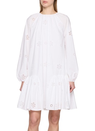 Main View - Click To Enlarge - MERLETTE - Long Raglan Sleeve Eyelet Tiered Cotton Dress
