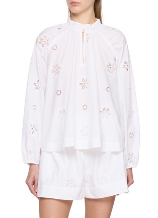 Main View - Click To Enlarge - MERLETTE - Long Sleeve Ruffled Collar Eyelet Cotton Silk Top