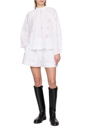 Figure View - Click To Enlarge - MERLETTE - Elastic Waistband Eyelet Cotton Shorts
