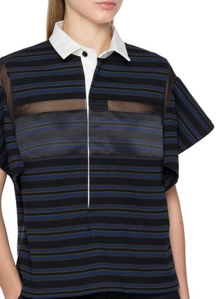  - SACAI - Striped Drape Sleeve Polo Collar Cotton T-Shirt