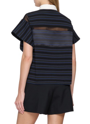 Back View - Click To Enlarge - SACAI - Striped Drape Sleeve Polo Collar Cotton T-Shirt