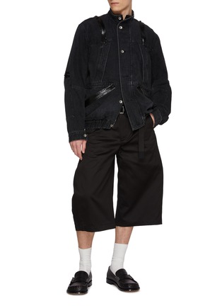 Figure View - Click To Enlarge - SACAI - Oversized Dark Wash High Neck Leather Trim Denim Jacket