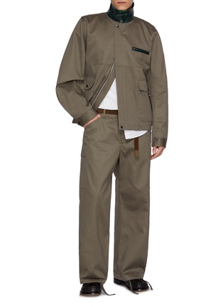 Figure View - Click To Enlarge - SACAI - Zip Up Leather Trim Cotton Chino Jacket