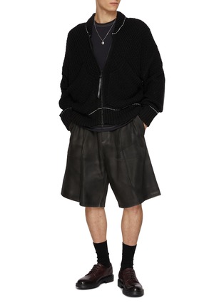 Figure View - Click To Enlarge - THE VIRIDI-ANNE - Oversized Contrast Stitch Zip Up Cotton Linen Knit Cardigan