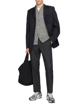 Figure View - Click To Enlarge - COMME DES GARÇONS HOMME DEUX - Single Breasted Cutout Contrast Pinstripe Wool Blazer