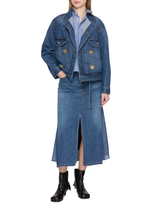 Figure View - Click To Enlarge - SACAI - Hybrid Front Slit Dark Wash Denim Midi Skirt