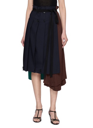 Main View - Click To Enlarge - PRADA - Colour Block Pleated Panel Belted Midi Skirt
