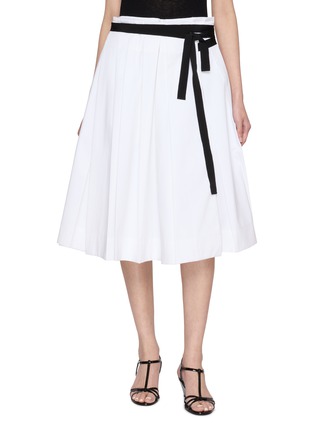 Main View - Click To Enlarge - PRADA - Pleated Ribbon Belt Cotton Midi Skirt