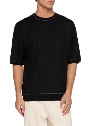 Main View - Click To Enlarge - GOOD PEOPLE GOOD STITCHING GOOD PRODUCT - Half Sleeve Contrast Stitch Crewneck Wool Blend Knit Top