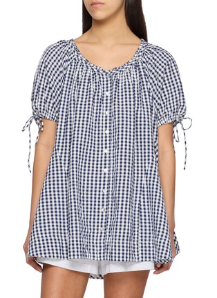 Main View - Click To Enlarge - FREE PEOPLE - Farley Gathered Tie Sleeve Gingham Cotton Tunic Top