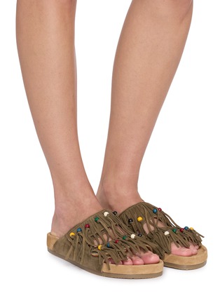 Figure View - Click To Enlarge - BAZISZT SHOES - Flat Fringed Beaded Two-Strap Suede Sandals