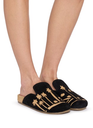 Figure View - Click To Enlarge - BAZISZT SHOES - Flat Embroidered Palm Motif Suede Clogs