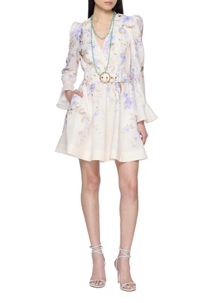 Figure View - Click To Enlarge - ZIMMERMANN - Luna Plunge Gathered Sleeve Linen Mini Dress