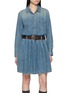 MO&CO. Belted Pleated Medium Wash Denim Dress