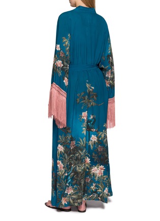 Back View - Click To Enlarge - DISTRICT BY MARGHERITA MAZZEI - Palm Tree Print Fringed Sleeve Kimono