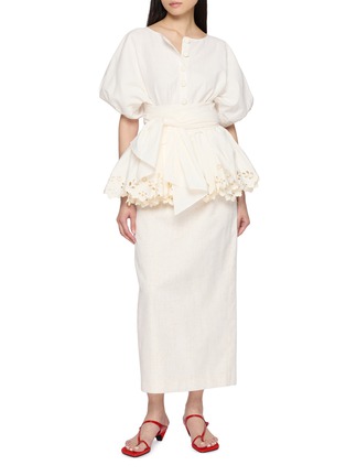 Figure View - Click To Enlarge - ASSIGNMENTS - Puff Sleeve Belted Broderie Anglaise Top