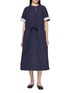 FAFAMOON Drawstring Waist Gathered Cotton Blend Midi Dress