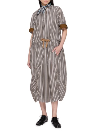 Figure View - Click To Enlarge - FAFAMOON - Stripe Gathered Drawstring Waist Cotton Linen Dress