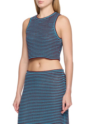 Front View - Click To Enlarge - ALAÏA - Sleeveless Bicolour Crochet Cropped Cotton Knit Top