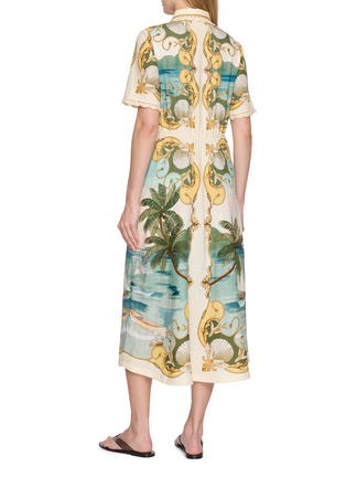 Back View - Click To Enlarge - FARM RIO - Royal Sea Print Scalloped Trim Tie Waist Shirt Dress