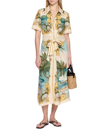 Figure View - Click To Enlarge - FARM RIO - Royal Sea Print Scalloped Trim Tie Waist Shirt Dress
