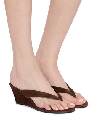 Figure View - Click To Enlarge - PEDDER RED - Delaney 60 Suede Leather Wedge Thong Heeled Sandals
