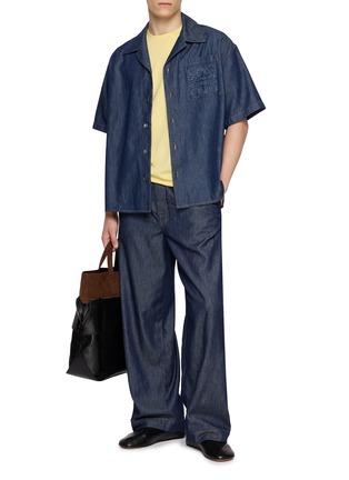 Figure View - Click To Enlarge - LOEWE - Short Sleeve Anagram Appliqué Cotton Chambray Shirt
