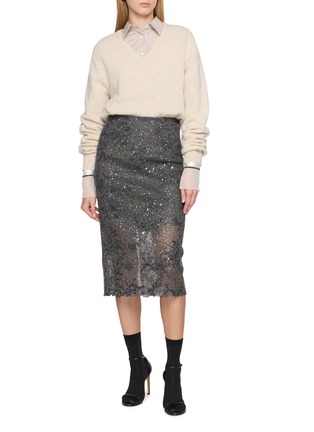 Figure View - Click To Enlarge - BRUNELLO CUCINELLI - Embroidered Lace Mesh Midi Skirt