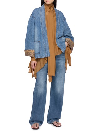 Figure View - Click To Enlarge - INTO THE EAST - Paisley Trim Medium Wash Denim Cardigan