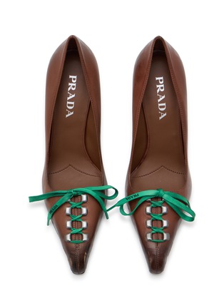 Detail View - Click To Enlarge - PRADA - Décolleté 85 Lace Detail Leather Pumps