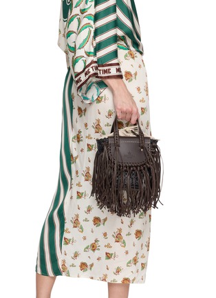 Front View - Click To Enlarge - CUBA LAB - Habanera Fringes Ebony Leather Raffia Bucket Bag
