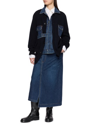 Figure View - Click To Enlarge - SACAI - Denim Panel Wool Knit Cardigan