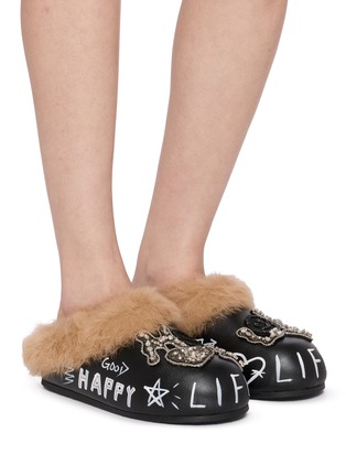Figure View - Click To Enlarge - NAN-KU COUTURE - Embellished Suede Shearling Clogs